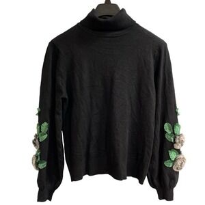 Siani Milano Sweater Womens M Black Turtleneck‎ 3D Floral Embellished Faux Fur